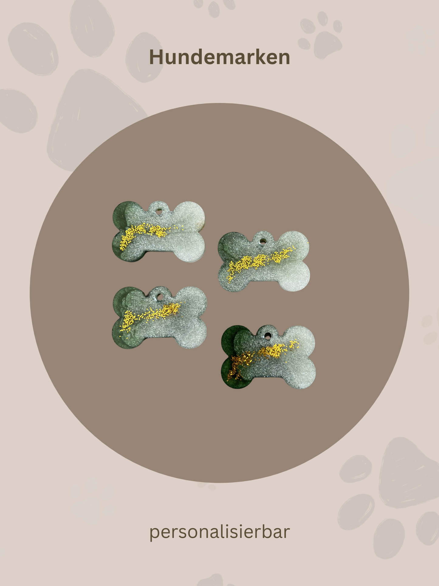 Personalisierte Hundemarke | Knochenform | Grün & Gold